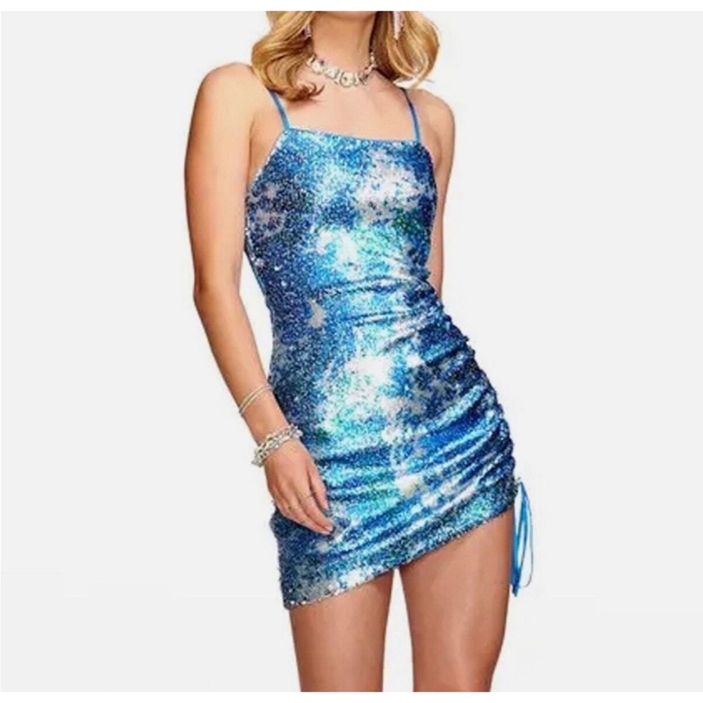 Ramy Brook Blue Sequin Ruched Mini Dress Square Neck Spaghetti Strap Size 6